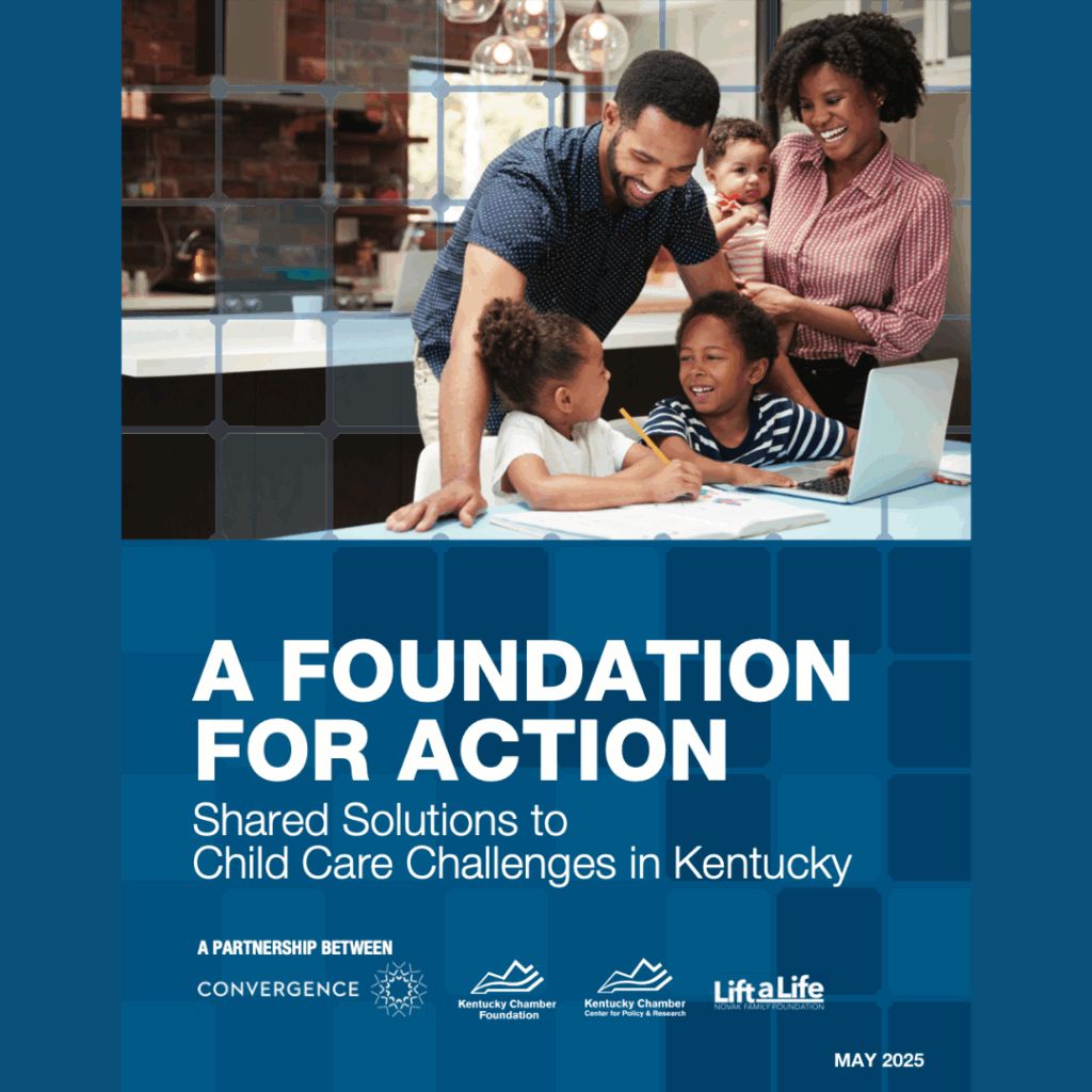 Graphic promoting a new report from the Kentucky Collaborative on Child Care. On the left side, there is an image of a smiling Black family—two parents and two children—gathered around a table with a laptop and schoolwork. Overlaid text on the image reads: "A FOUNDATION FOR ACTION Shared Solutions to Child Care Challenges in Kentucky" Below that: "A partnership between Convergence, Kentucky Chamber Foundation, Kentucky Chamber Center for Policy & Research, and Lift a Life Foundation. May 2025." On the right side of the graphic, text reads: "Kentucky Collaborative on Child Care NEW REPORT" in bold white letters, with "NEW REPORT" inside a bright blue button.