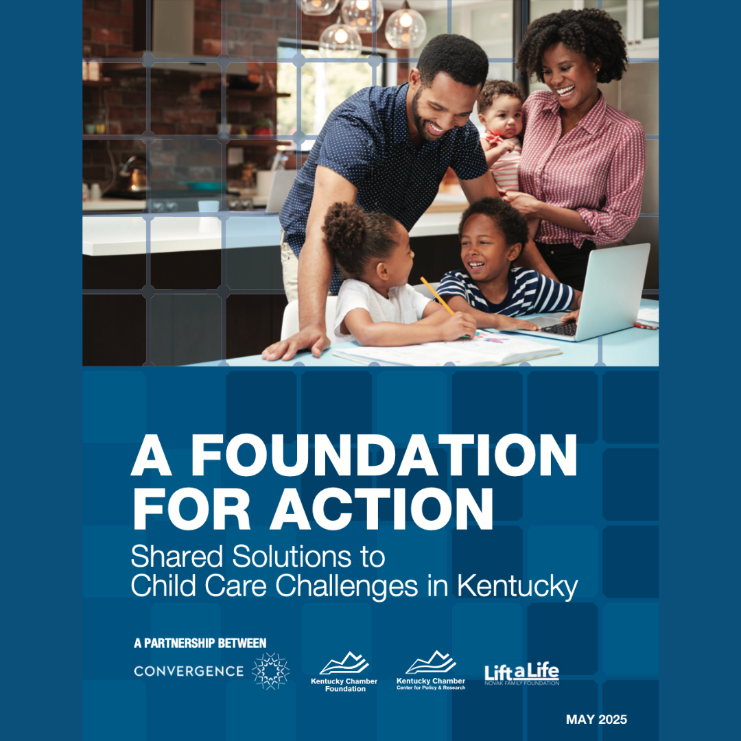 Graphic promoting a new report from the Kentucky Collaborative on Child Care. On the left side, there is an image of a smiling Black family—two parents and two children—gathered around a table with a laptop and schoolwork. Overlaid text on the image reads: "A FOUNDATION FOR ACTION Shared Solutions to Child Care Challenges in Kentucky" Below that: "A partnership between Convergence, Kentucky Chamber Foundation, Kentucky Chamber Center for Policy & Research, and Lift a Life Foundation. May 2025." On the right side of the graphic, text reads: "Kentucky Collaborative on Child Care NEW REPORT" in bold white letters, with "NEW REPORT" inside a bright blue button.