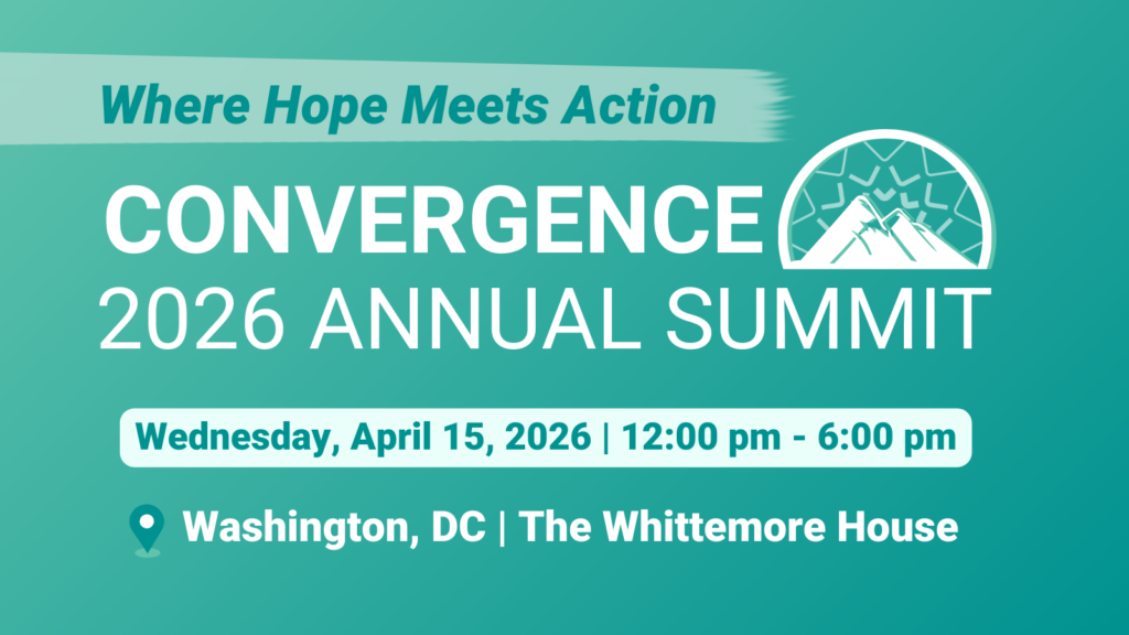 A teal-colored summit announcement featuring the title ‘Convergence 2026 Annual Summit,’ event schedule, venue information, and a simple mountain illustration.