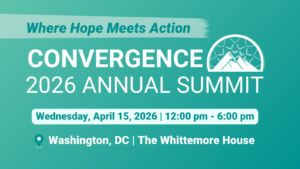 A teal-colored summit announcement featuring the title ‘Convergence 2026 Annual Summit,’ event schedule, venue information, and a simple mountain illustration.