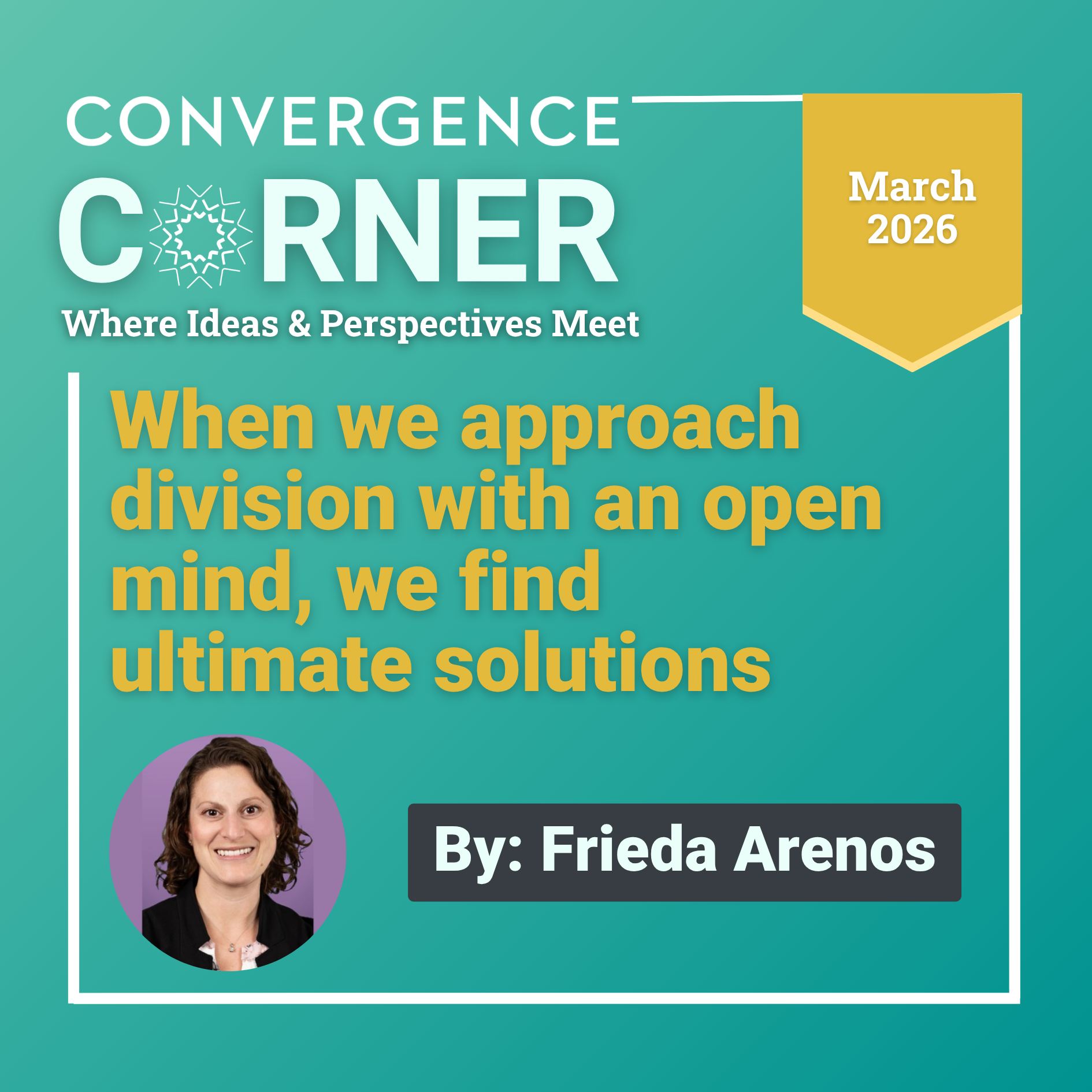 A teal promotional layout with the Convergence Corner branding, a yellow date badge, a bold headline about learning from children, and a circular portrait paired with a name label.